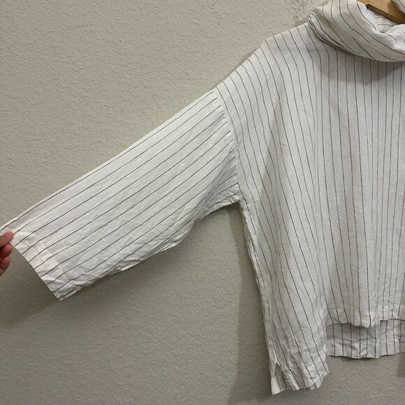 NWOT ESKANDAR White Linen Monk Cowl Neck Top Lagenlook in Stripe Sz 1 (10-12) - Picture 5 of 14